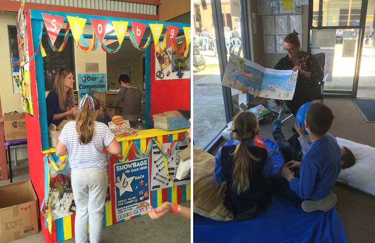 The show bags were a hit and sold out quickly. (left) Story time in a quiet spot was a hit with the children during the busy day. (right)