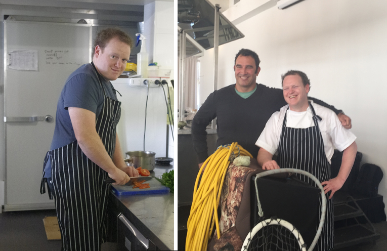 Chef Ben Way preparing for a Trawler to Table meal at Little Beach Boathouse.(left) Greg Finn from Pacific Urchin with Ben Way who cooked up a Turban Shell Tortellini and Sea Urchin Roe Butter dish. Photos by Marian Sampson.(right)
