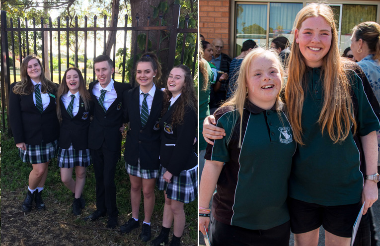 Monique D'Arcy ( CAPA Ambassador), School Captain Annabel Bisley, School Captain Lincoln Hunter, Vice Captain Dylan Hopper and Senior Student Leader Nikita Taylor.(left) Twins Renee and Stacy Binskin, graduating from Irrawang High School.(right)