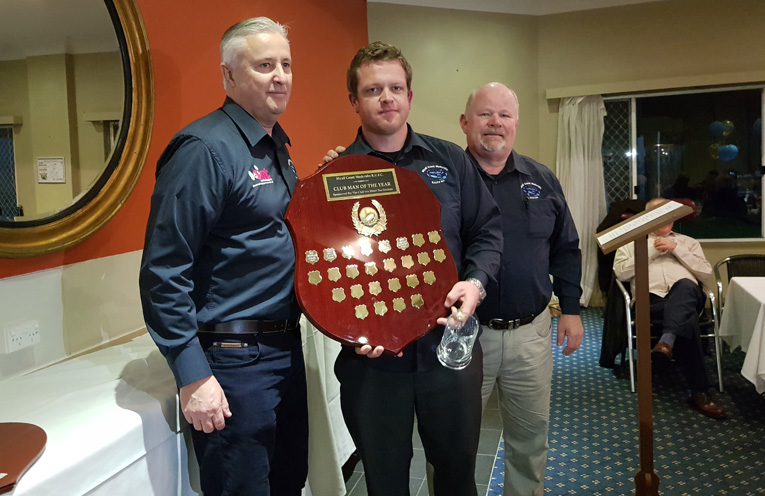 CLUBMAN OF THE YEAR: Coach Russell Gunn, Ashley Rushby and President David Bright.