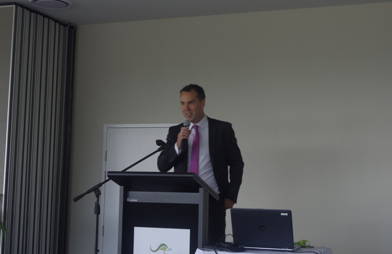 Mayor Ryan Palmer speaking at the Bay Business Breakfast where he announced that he would step down from the Tomaree Business Chamber Presidency. Photo by Marian Sampson