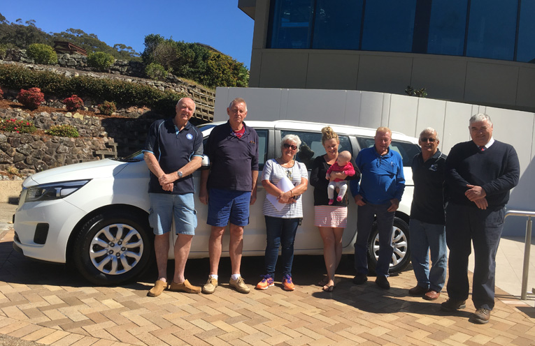 Con Moores, Russ Crompton, Julie Burns (The Sporting Hope Committee), Kasie Sargeant, (Mother), Barry Gamer (Salamander Bay Car Sales), Allan Barnes (President Nelson Bay Bowling Club) and Dean McCarthy (CEO Nelson Bay Bowling Club).