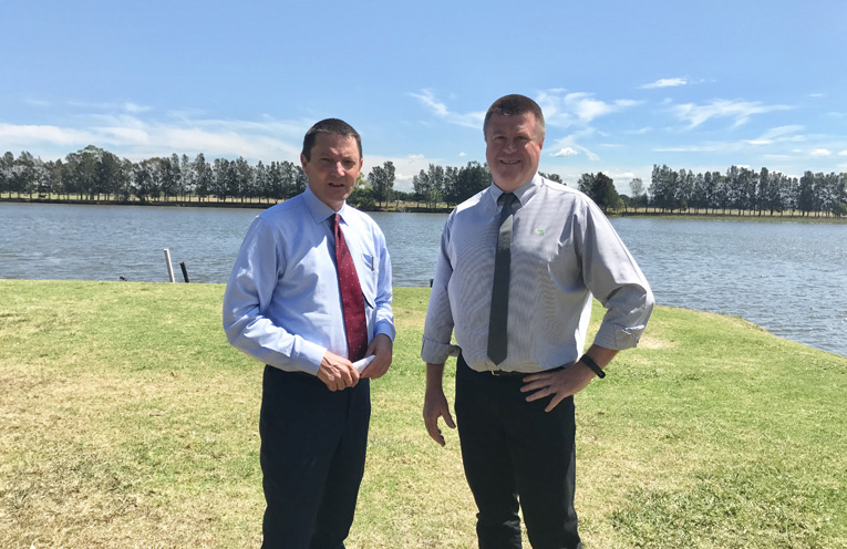 Parliamentary Secretary for the Hunter Scot MacDonald MLC onsite at Riverside Park, Raymond Terrace with Acting General Manager Port Stephens Council Greg Kable.