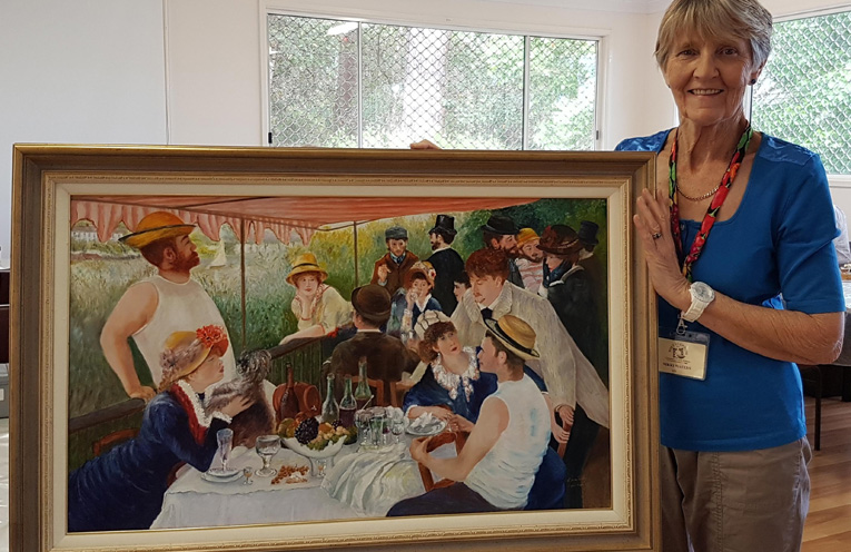 Nikki Waters with her Fabulous Fake “Luncheon Of The Boating Party” (After Pierre-Auguste Renoir 1880-1881).