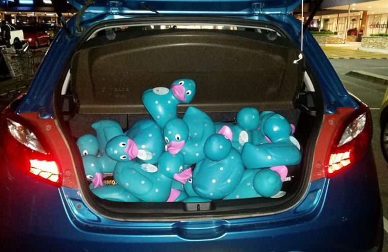 DUCK DERBY: A boot full of corporate racing ducks.