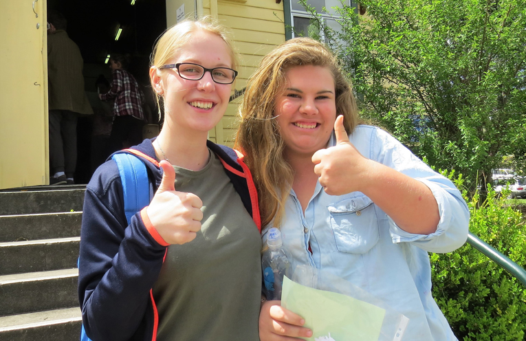 All Smiles: Kaitlyn Gregory and Katie Nolan after finishing the HSC English exam. 