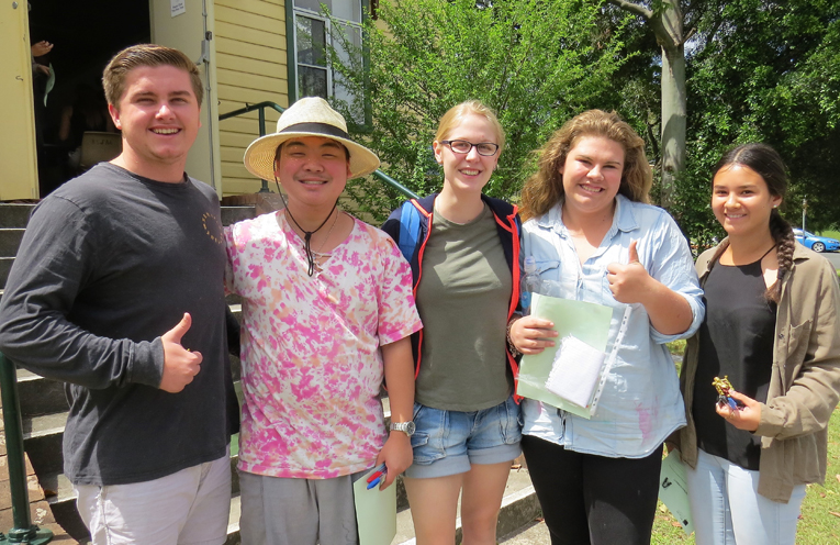 Relieved: Bailey Shultz, Tim To, Kaitlyn Gregory, Katie Nolan and Marley Mezi after the HSC English exam.