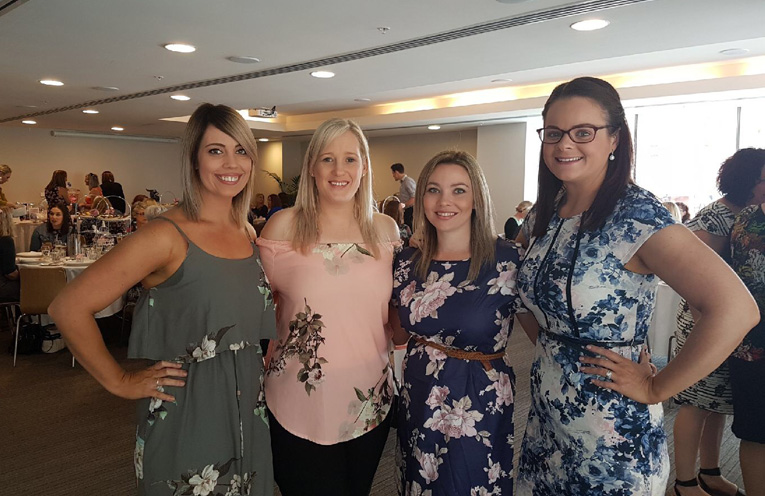 Amy Lochhead, Sheridan Hicks, Carlee Harper and Jessica Bakes attending the high tea for Maggie.