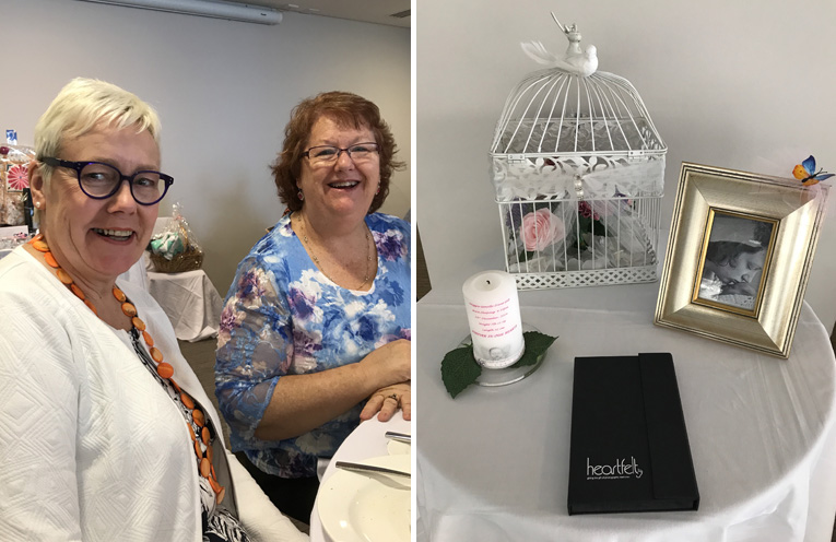 Janice Hall and Tracey Sligar, joining in to fundraise for a wonderful cause. (left) Maggie’s photo and candle, along with the presentation box of USB and images from Heartfelt. (right)