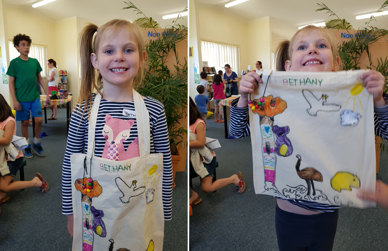 TEA GARDENS LIBRARY: Bethany shows off her handmade library bag.