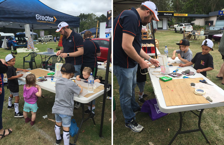 Children joined Chris Baguley from Greater Bank to create their handmade lanterns. (left) Lots of creative lantern making took place at the Medowie markets. (right)