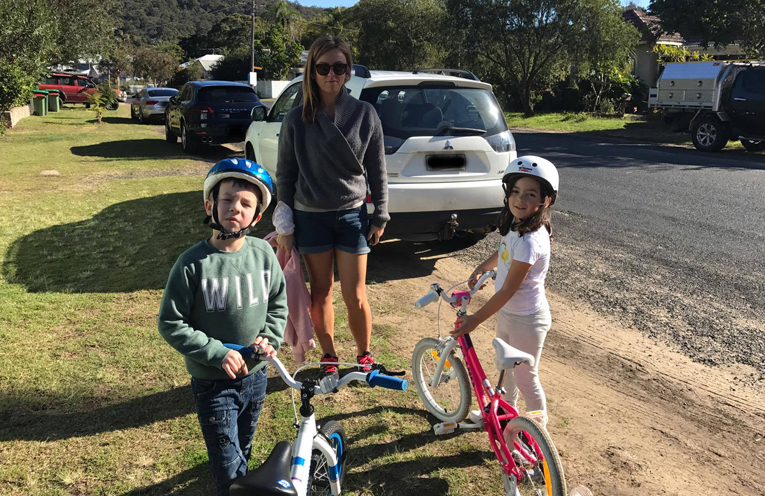 The family ready for a bike ride on the “safe” cycleway.
