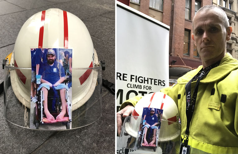 Darryl Luck with his Helmet, displaying the photo of Brenton Teasdale. (left) Brenton Teasdale, who lost his fight to MND one year ago. (right)