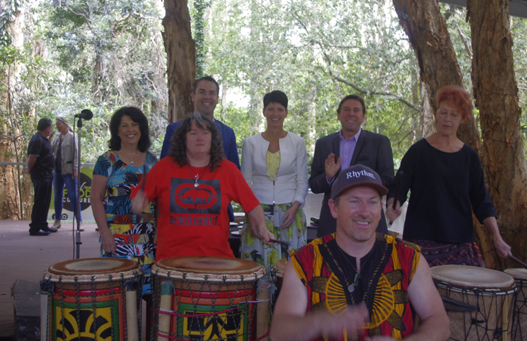 Benji Marshall of Earthen Rhythms and two of the local drummers at an African Drumming Circle at the Opening of the Wellness Centre with Cherie McDougall, Port Stephens Mayor Ryan Palmer, Member for Port Stephens Kate Washington and Mark McDougall. 