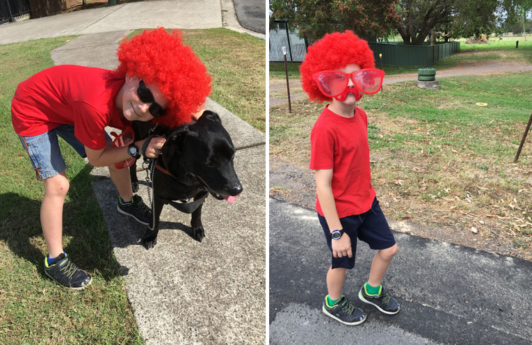 Jackson in his new trademark red wig, with his Uncle Lindsay’s dog, Max. (left) Keep an eye out for Jackson’s colourful outfit around the streets as he raises funds for Heart Disease research. (right)