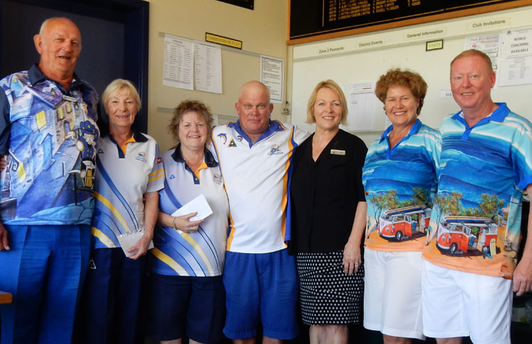 Third place winners Danny Johnson and Olive McKeown, Palm Lake Mixed Pairs Champions, Vicki Rankin and Sean Mearrick, Kim Bright, Palm Lake Resort, and second place winners Robyn and Scott Beaumont.