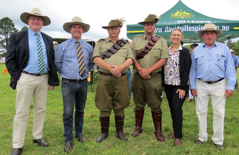 Myall Lakes MP Stephen Bromhead, Federal Member for Lyne Dr David Gillespie, Rodney O'Regan OAM and Paul Plummer from the Manning/Great Lakes Light Horse Troop, MidCoast Deputy Mayor Katheryn Smith and Show Society President Gary Gooch.