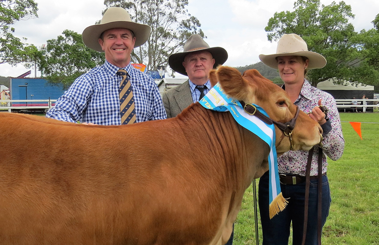 Reserve Beef Exhibit: Grand Champion Heifer ‘Warrigal Foxy Lady’, Federal Member for Lyne Dr David Gillespie, judge Dennis Griffis and Janelle Relf from Warrigal Limousin Stud.