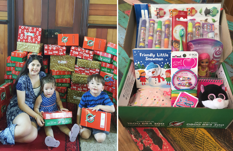 Hannah White, Lauren Tso and Alistair Tso with just some of the 130 boxes going overseas this week from Raymond Terrace. (left) An example of one of the boxes contents being sent by the Hunter-Barrington Presbyterian Church. (right)