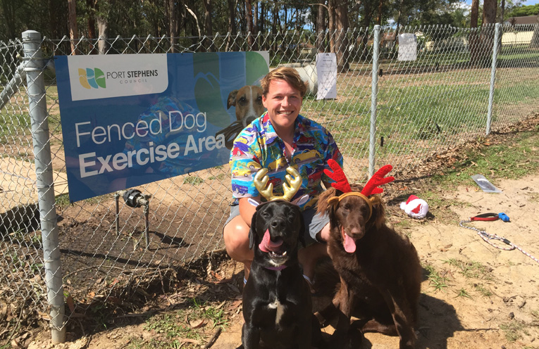 Peter Evans with his pooches Bella and Rufus at the Dog park on Coachwood Drive, Medowie.