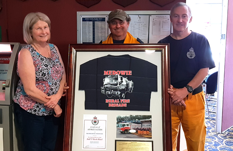 Bull n Bush Hotel Licensee Eileen Clark, Senior-Deputy Captain Peter Smith and Ross O'Neil.