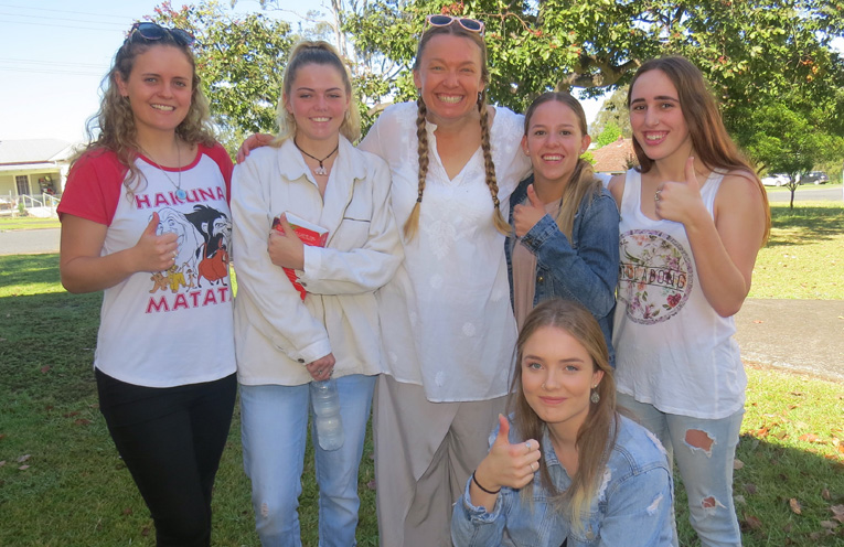 Chelsea Reid, Kiara Fardell, Ms Georgina Cunich, Madisson Morante, Alisha Griffis and Emma Miller were all smiles after the HSC Chinese written exam. 