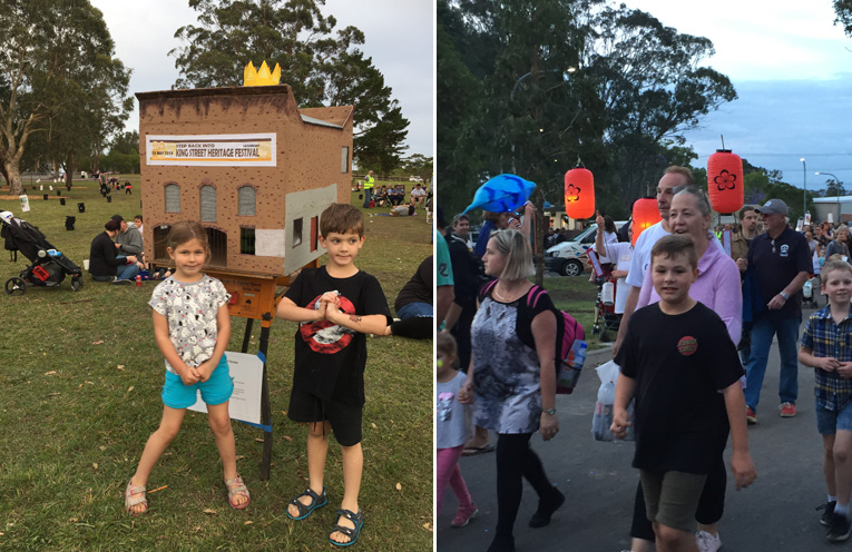 Community groups across Port Stephens created stunningly intricated lanterns, like this one of the Richardson and Scully building (formerly the Newcastle University Aquatic Centre) on King Street, being admired by Michael and Elizabeth Kilday (left) The lantern parade. (right)