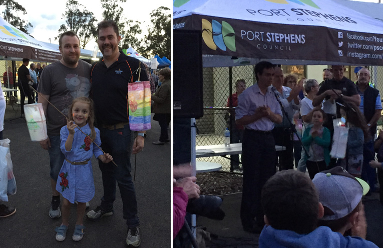 Chris Baguley from Greater Bank, one of the major contributors to the Illuminate festival, with his family. (left) Councillor Giacomo Arnott addressed the crowd. (right)