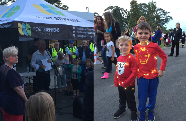 Councillor Paul LeMottee opened the Illuminate Boomerang Park Festival. (left) Owen and Eamon Brown embraced the illuminate theme. (right)