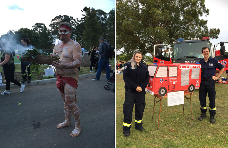 Steve Brereton performed the smoking ceremony and a moving Welcome to Country. (left) Firefighters Ebony Ingram and Giacomo Arnott with their fire truck lantern for the Illuminate Festival. (right)