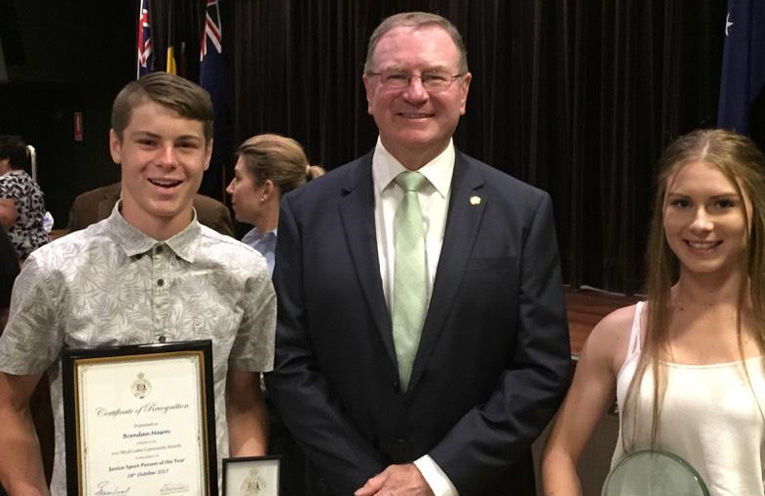 Brendan Mason, Myall Lakes MP Stephen Bromhead and Young Sports Person of the Year Bianca Mason. Photo: Supplied 