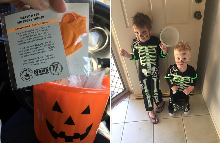 The Medowie halloween friendly houses balloons, sponsored by News Of The Area. (left) Xander and Flynn Zoetemeyer. (right)