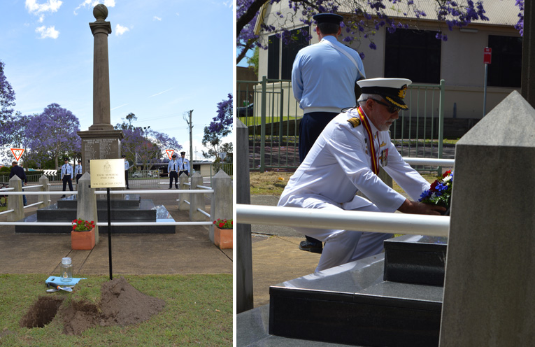 Centenary soil collection point with the catafalque party. (left) Captain Victor Jones, RANR, President of the Raymond Terrace RSL Sub-branch laying a wreath. (right)