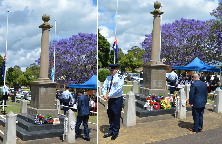 Councillor Giacomo Arnott laying a book to be donated to a local school in place of a wreath to commemorate the Day. (left) Pastor Shane Hanley from the Raymond Terrace Baptist Church laying a wreath. (right)
