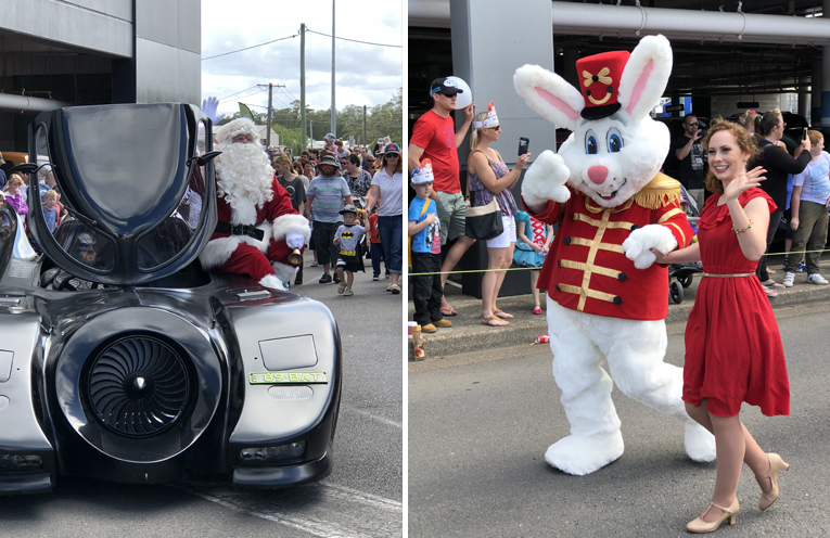 Santa Claus is back in town, and he arrived in style! (left) Roving characters were a hit with the crowds. (right)