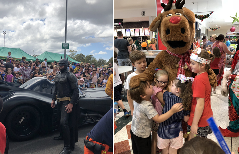 Batman was a hit with the crowd, delivering Santa to the festival. (left) Rudolph was a hit with the kids. (right)