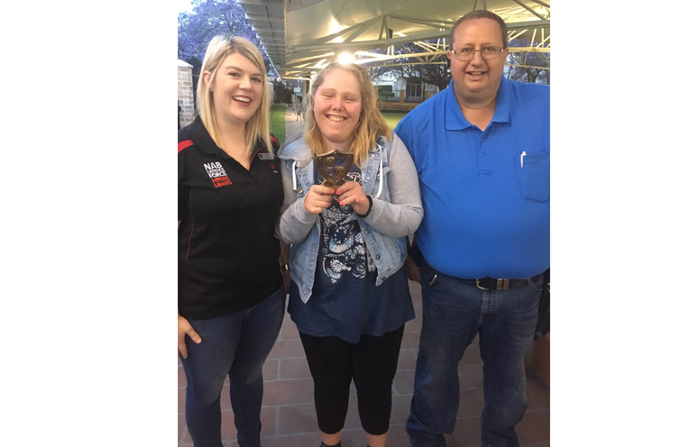 2017 Trophy Winner, Maddie Petith, being presented her award by found Adam Nicholas and NAB Branch Manager Sigrid Jones. 