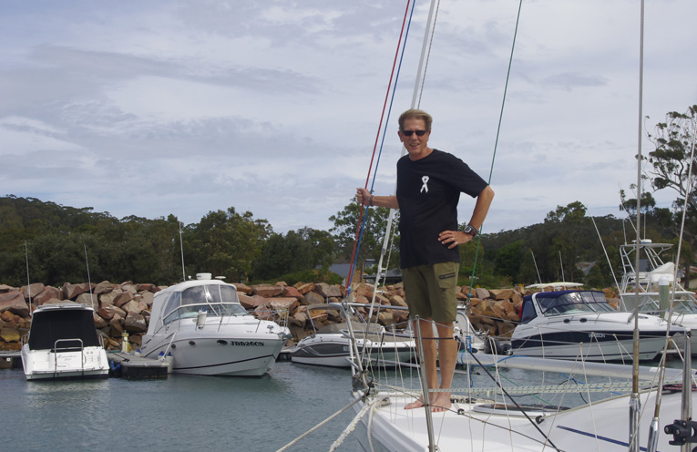 Roger Yeo ready to set sail for the White Ribbon Regatta on Port Stephens. Photo by Marian Sampson.