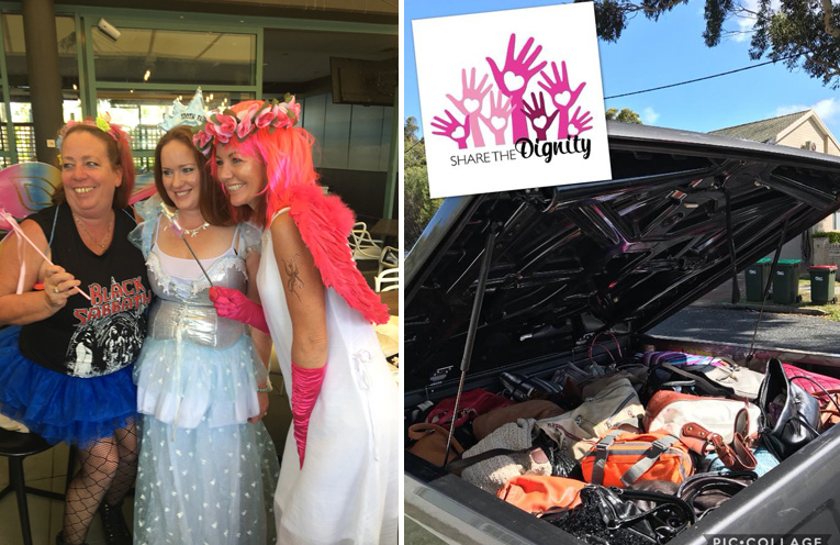 RAISING FUNDS FOR WOMEN IN CRISIS:: Fairies Day Fun at Tea Gardens Hotel. (left) BOOT FULL: Bags donated to Share the Dignity Christmas Campaign. (right)