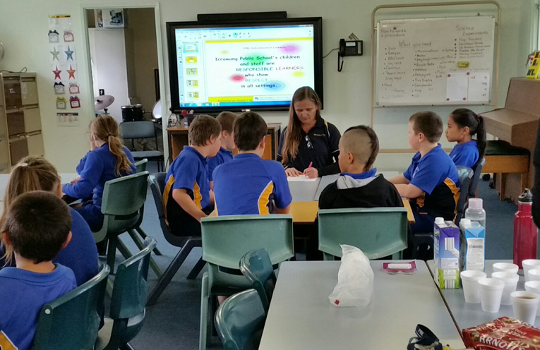 Miss Brady with students working on an activity. 