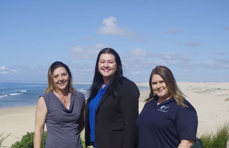 Belinda Johnson, with Port Stephens Councillors Jaimie Abbott and Sarah Smith at Anna Bay. Photo by Marian Sampson.