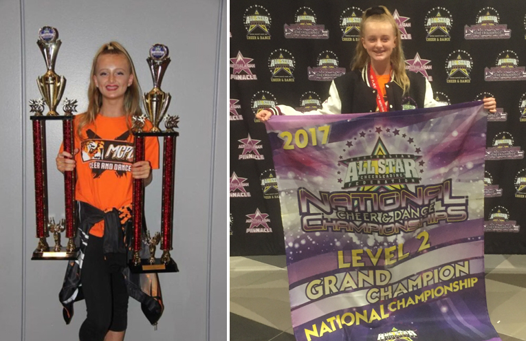 Georgia Almond with some of her trophy wins from the National Championships. (left) Cheer Champ Georgia Almond. (right)