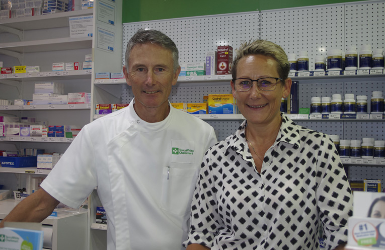 Rory Milne of Terry White Chemmart Nelson Bay with Tomaree Business Chamber President Leah Anderson. Photo by Marian Sampson.