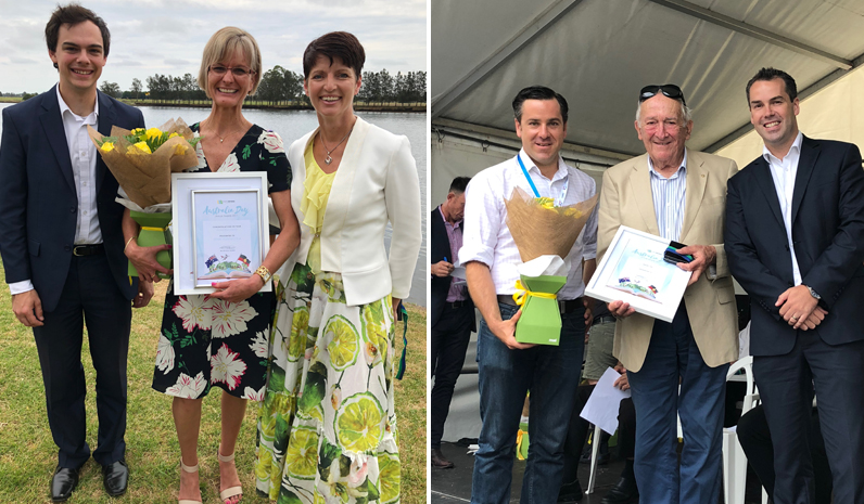Citizen of the Year Colleen Mulholland-Ruiz with Cr Giacomo Arnott and Kate Washington MP. (left) Port Stephens Medal Winner Geoffrey Basser with Australia Day Ambassador Peter McLean and Mayor Ryan Palmer. (right)