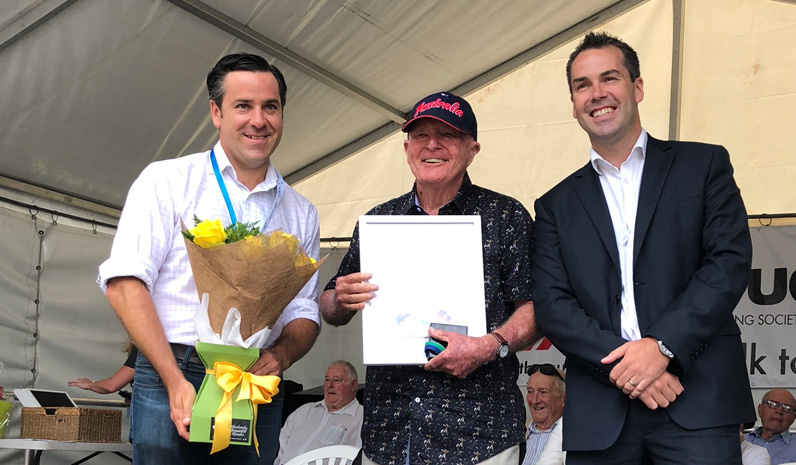 Port Stephens Medal Winner Leon Lindsay with Australia Day Ambassador Peter McLean and Mayor Ryan Palmer.