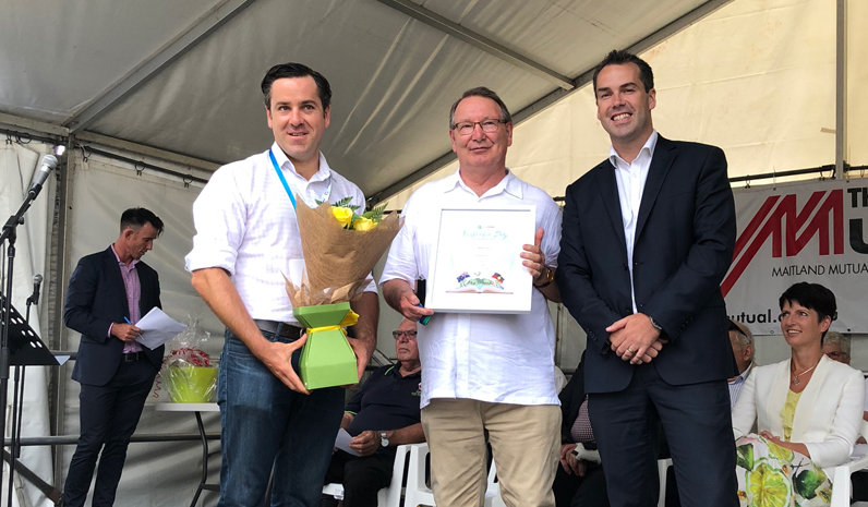 Port Stephens Medal Winner Peter Clough with Australia Day Ambassador Peter McLean and Mayor Ryan Palmer.