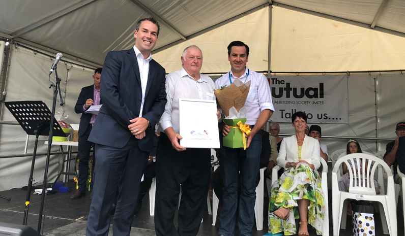 Sportsman of the year, Colin Machon, with Mayor Ryan Palmer and Australia Day Ambassador Peter McLean.