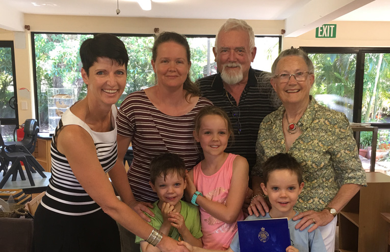 Kate Washington MP presenting Luke with his winning certificate, joined by Luke’s mum Madeleine, grandparents Jacqui and Derek, and siblings Caleb and Stephanie.