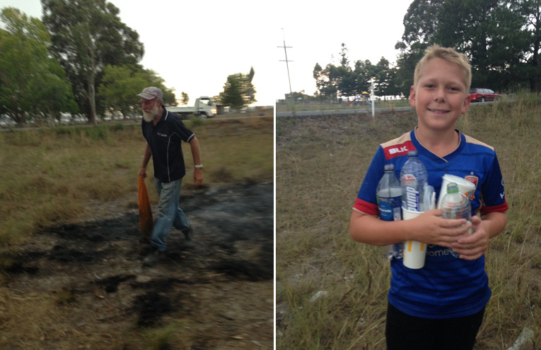 ‘Gus’ told News Of The Area, “I didn’t do anything special, focus on the kid, he’s the one who made a difference” (left) Jack Ryner from Medowie ran non stop bringing bottles of water from nearby Finnan Park to help contain the fire. (right)