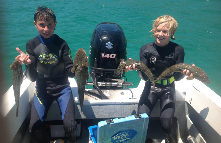 Sam Finn and Taj Turner had a great day spearfishing at Shoal Bay these holidays.